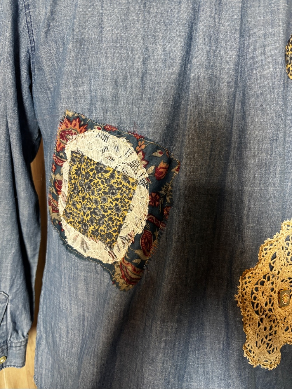Upcycled Old Navy Button-Up Shirt  Boho Cottagecore Patchwork Lace - Picture 8 of 12
